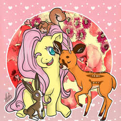 Size: 668x668 | Tagged: safe, artist:dotatu, fluttershy, deer, pegasus, pony, rabbit, squirrel, g4, animal