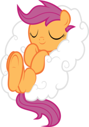 Size: 3618x5196 | Tagged: safe, artist:iamadinosaurrarrr, scootaloo, pegasus, pony, g4, cloud, cloud bed, cute, cutealoo, eyes closed, female, on back, simple background, sleeping, solo, transparent background, vector