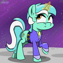 Size: 1200x1200 | Tagged: dead source, safe, artist:slitherpon, lyra heartstrings, pony, unicorn, g4, clothes, female, frown, magic, raised hoof, solo, space