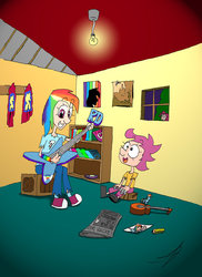 Size: 763x1048 | Tagged: safe, artist:ringteam, pinkie pie, rainbow dash, scootaloo, human, g4, duo, guitar, humanized