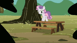 Size: 854x480 | Tagged: safe, screencap, sweetie belle, pony, unicorn, g4, the show stoppers, animated, apple, apple tree, artifact, bush, butt, butt shake, cute, day, diasweetes, dirt, dust particles, dusting, eyes closed, female, filly, grass, open mouth, picnic table, plot, pond, prehensile tail, singing, smiling, solo, sweepy belle, tail, tail whip, talking, tree, tree stump