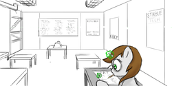Size: 1024x514 | Tagged: safe, artist:veraciousneophyte, oc, oc only, oc:littlepip, pony, unicorn, fallout equestria, fanfic, fanfic art, female, glowing horn, hooves, horn, levitation, magic, mare, school, solo, stable (vault), stable 2, telekinesis, test, text