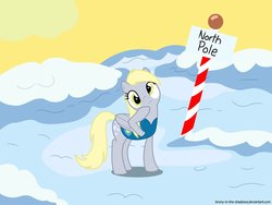 Size: 1024x768 | Tagged: safe, artist:brony-in-the-shadows, derpy hooves, pegasus, pony, g4, winter wrap up, clothes, female, hoof on chin, mare, north pole, sign, snow, solo, vest, weather team, went north to get the southern birds, winter wrap up vest
