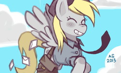 Size: 800x480 | Tagged: safe, artist:pocket-monster-1994, derpy hooves, pegasus, pony, g4, bag, clothes, female, flying, happy, letter, mail, mailbag, mare, necktie, smiling, solo, uniform, working