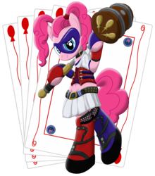 Size: 3527x4000 | Tagged: safe, artist:template93, pinkie pie, g4, batman, belly button, cosplay, costume, crossover, harley quinn, high res