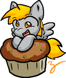 Size: 514x602 | Tagged: safe, artist:zutcha, derpy hooves, pegasus, pony, g4, chibi, cute, female, giant muffin, mare, muffin, solo