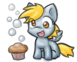 Size: 501x403 | Tagged: safe, artist:zutcha, derpy hooves, pegasus, pony, g4, bubble, cute, female, filly, foal, food, happy, mare, muffin, simple background, solo, that pony sure does love muffins, white background
