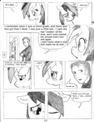 Size: 1155x1500 | Tagged: safe, artist:dj-black-n-white, rainbow dash, oc, oc:anon, human, pegasus, pony, comic:tsundere rainbow dash, g4, blushing, comic, love, monochrome, romance, traditional art, tsunderainbow, tsundere