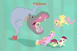 Size: 3448x2288 | Tagged: safe, artist:georgethemiser, daisy, derpy hooves, dinky hooves, flower wishes, fluttershy, lily, lily valley, roseluck, hippopotamus, pegasus, pony, g4, female, flower trio, food, mare, muffin, shadow, simple background, teal background, wat