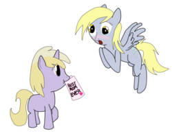 Size: 600x482 | Tagged: safe, artist:s-laughtur, derpy hooves, dinky hooves, pegasus, pony, g4, blushing, card, equestria's best daughter, equestria's best mother, female, mare, mouth hold
