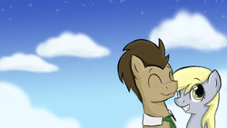 Size: 1024x576 | Tagged: safe, artist:derpiliciouspony, derpy hooves, doctor whooves, time turner, pegasus, pony, g4, blushing, cloud, cloudy, female, happy, male, mare, ship:doctorderpy, shipping, straight