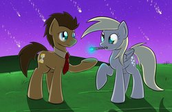Size: 1024x663 | Tagged: safe, artist:firebrandkun, derpy hooves, doctor whooves, time turner, earth pony, pegasus, pony, g4, crossover, doctor who, duo, female, male, mare, mouth hold, night, ship:doctorderpy, shipping, shooting star, shooting stars, sonic screwdriver, stallion, straight, the doctor