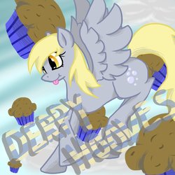 Size: 894x894 | Tagged: safe, artist:elevator-invasions, derpy hooves, pegasus, pony, g4, female, mare, muffin, solo, tongue out