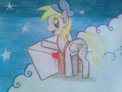 Size: 1024x768 | Tagged: safe, artist:xwhitedreamsx, derpy hooves, pegasus, pony, g4, bag, cloud, female, hat, letter, mail, mailbag, mare, solo, stars, traditional art