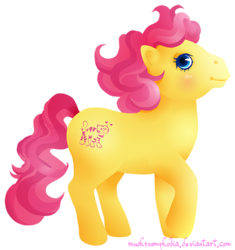 Size: 550x586 | Tagged: safe, artist:mushroomphobia, baby katie, earth pony, pony, g1, blushing, cute, female, filly, foal, katiebetes, simple background, smiling, solo, transparent background