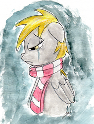 Size: 1473x1943 | Tagged: safe, artist:legaffeur, derpy hooves, pegasus, pony, g4, clothes, crying, female, mare, painting, sad, scarf, solo, traditional art, watercolor painting