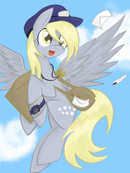 Size: 768x1024 | Tagged: safe, artist:timeywimeywhooves, derpy hooves, pegasus, pony, g4, bag, box, female, hat, letter, mail, mailbag, mailmare, mailpony, mare, package, solo