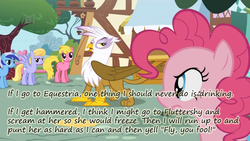 Size: 800x450 | Tagged: safe, edit, edited screencap, screencap, cherry berry, cloud kicker, fluttershy, gilda, minuette, pinkie pie, griffon, g4, griffon the brush off, flutterbuse, gandalf, insane pony thread, lord of the rings, text