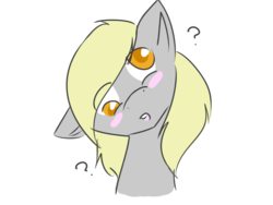Size: 1024x768 | Tagged: safe, artist:oh-larissa, derpy hooves, pegasus, pony, g4, blushing, bust, confused, female, mare, question mark, solo