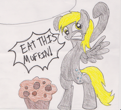 Size: 800x729 | Tagged: safe, artist:jackjack71, derpy hooves, pegasus, pony, g4, dialogue, female, mare, muffin, solo, traditional art