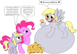 Size: 1024x721 | Tagged: safe, artist:beats0me, derpy hooves, dinky hooves, pinkie pie, pegasus, pony, g4, aderpose, blushing, circle tool, fat, female, heart, mare, morbidly obese, muffin, obese, speech bubble