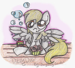 Size: 937x853 | Tagged: safe, artist:ciskat, derpy hooves, pegasus, pony, g4, bubble, female, mare, muffin, solo, traditional art