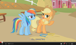 Size: 853x510 | Tagged: safe, screencap, applejack, rainbow dash, fall weather friends, g4, horseshoes, youtube caption