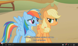 Size: 854x510 | Tagged: safe, screencap, applejack, rainbow dash, fall weather friends, g4, youtube caption