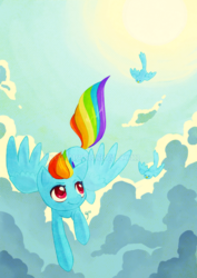 Size: 934x1321 | Tagged: safe, artist:tkay, rainbow dash, bird, g4, female, flying, solo