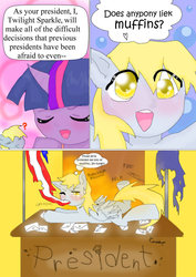 Size: 751x1063 | Tagged: safe, artist:cerridywyn, derpy hooves, twilight sparkle, pegasus, pony, g4, comic, female, mare, president