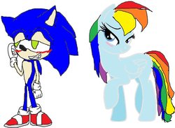 Size: 900x659 | Tagged: safe, artist:sonicboy100, rainbow dash, g4, blushing, crossover, crossover shipping, female, interspecies, male, sonic the hedgehog, sonic the hedgehog (series), sonicdash, straight