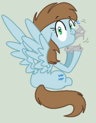 Size: 344x443 | Tagged: safe, artist:shineemew, blue buck, deep blue, fish, pegasus, pony, caught, dead, eating, female, floppy ears, hoof hold, looking at you, looking back, mare, ponies eating meat, ponies eating seafood, sitting, solo, spread wings, wide eyes, x eyes
