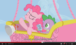 Size: 854x510 | Tagged: safe, screencap, pinkie pie, spike, fall weather friends, g4, hot air balloon, megaphone, microphone, twinkling balloon, youtube caption