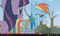 Size: 853x510 | Tagged: safe, screencap, rainbow dash, twilight sparkle, fall weather friends, g4, youtube caption