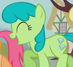 Size: 744x686 | Tagged: safe, screencap, green jewel, tropical spring, pony, unicorn, a friend in deed, g4, background pony, eyes closed, female, happy, mare, solo focus