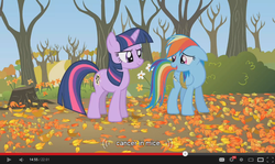 Size: 854x510 | Tagged: safe, screencap, rainbow dash, twilight sparkle, mouse, fall weather friends, g4, cancer, youtube caption