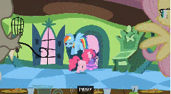 Size: 844x465 | Tagged: safe, screencap, discord, fluttershy, pinkie pie, rainbow dash, rarity, g4, keep calm and flutter on, season 3, animated, butler, clothes, dress, element of kindness, element of loyalty, elements of harmony, gif, moustache, necktie, suit, youtube caption