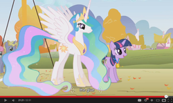 Size: 854x510 | Tagged: safe, screencap, princess celestia, twilight sparkle, g4, glue, youtube caption