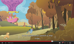 Size: 854x510 | Tagged: safe, screencap, applejack, pinkie pie, rainbow dash, spike, fall weather friends, g4, hot air balloon, megaphone, twinkling balloon, youtube caption