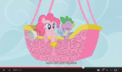 Size: 854x510 | Tagged: safe, screencap, pinkie pie, spike, fall weather friends, g4, hot air balloon, megaphone, microphone, prayer, twinkling balloon, youtube caption