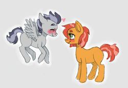 Size: 1280x888 | Tagged: safe, artist:toomuchsoul, babs seed, rumble, g4, blushing, colt, crack shipping, female, filly, foal, heart, male, rumbabs, shipping, simple background