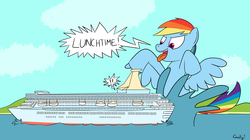 Size: 2237x1255 | Tagged: safe, artist:rapidstrike, rainbow dash, pony, g4, cruise ship, giant pony, giantess, implied vore, macro