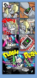 Size: 605x1280 | Tagged: safe, artist:theburningdonut, derpy hooves, dj pon-3, vinyl scratch, pegasus, pony, g4, comic, exploitable meme, female, flash gordon, flash sentry savior of the universe, mare, meme, misspelling, queen (band), shocked