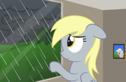 Size: 1024x666 | Tagged: safe, artist:techrainbow, derpy hooves, dinky hooves, pegasus, pony, g4, female, mare, picture, rain, sad, solo, window