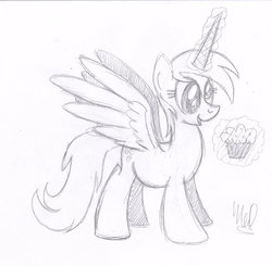 Size: 903x884 | Tagged: safe, artist:drawponies, derpy hooves, alicorn, pony, g4, alicornified, derpicorn, female, muffin, race swap, solo, traditional art