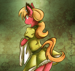 Size: 1000x948 | Tagged: safe, artist:aeritus, big macintosh, earth pony, anthro, g4, breasts, clothes, looking at you, looking back, looking back at you, macareina, maid, rule 63, solo