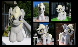 Size: 1145x698 | Tagged: safe, artist:fireflytwinkletoes, derpy hooves, pegasus, pony, g4, cute, female, filly, hand, irl, multiple views, outdoors, photo, plushie, solo, spread wings, wings