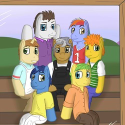 Size: 1280x1280 | Tagged: safe, artist:fuzebox, carrot cake, donut joe, hondo flanks, igneous rock pie, mosely orange, night light, rainbow blaze, uncle orange, pony, g4, bipedal, male, younger