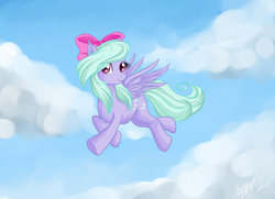 Size: 1024x741 | Tagged: safe, artist:happyksu, flitter, pegasus, pony, g4, bow, chest fluff, cloud, cloudy, female, full body, hair bow, mare, raised hoof, spread wings, wings