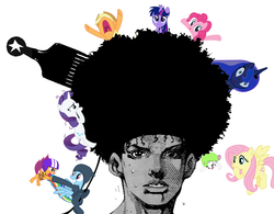 Size: 1000x781 | Tagged: safe, applejack, fluttershy, pinkie pie, princess luna, rainbow dash, rarity, scootaloo, sweetie belle, twilight sparkle, g4, afro, jojo's bizarre adventure, jojolion, josefumi kujo, josuke higashikata (jojolion), mane six, ponylice